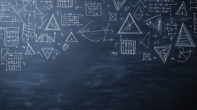A blackboard filled with mathematical symbols, geometric shapes, and equations, showcasing complex mathematical concepts and theories. - Powered by Adobe