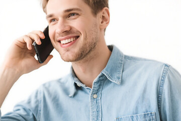 A man smiling while talking on a mobile phone