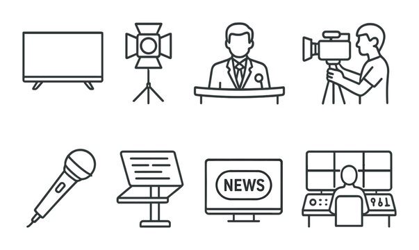 Media and broadcasting icons: tv, microphone, camera, news, control room symbols