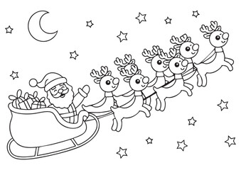 Cute Santa Claus flying in sleigh with reindeer coloring page.