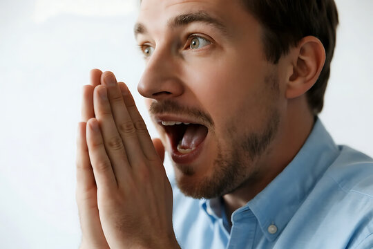 Man with surprised expression putting hands together - Powered by Adobe