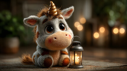 A cute unicorn holding a glowing lantern in a cozy night setting, surrounded by warm light and soft bokeh.