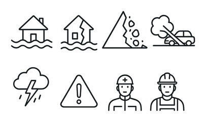 Disaster alert icons including flood, earthquake, landslide, storm, caution, and workers