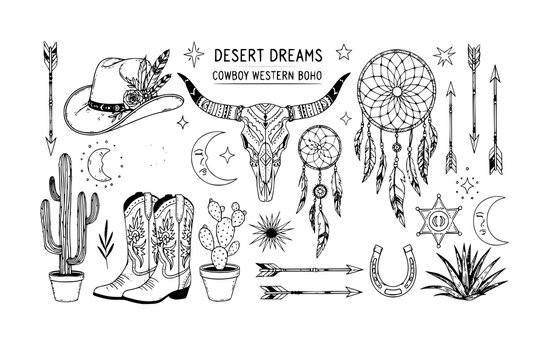 Desert Dreams Cowboy Western Boho Vector Collection. Hand Drawn Wild West Illustrations for Bohemian Design and Vintage Decor
