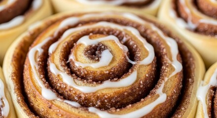 Fototapeta premium Fresh Iced Cinnamon Roll Bakery Closeup Sweet.