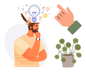 Bearded man contemplating with a lightbulb above his head, hand gesture indicating idea, and leafy potted plant. Ideal for creativity, inspiration, innovation, thought process, guidance