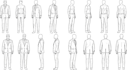 Male fashion body and suit figure template, vector illustration showing front, side, and back views for clothing design reference