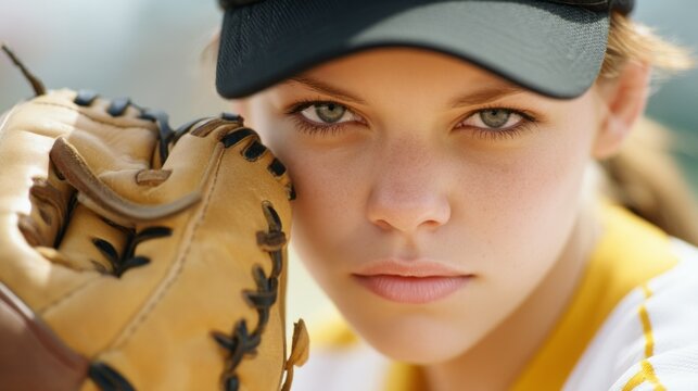 In the bright sunlight of a summer afternoon, a focused female baseball pitcher prepares for the next play, displaying determination and confidence