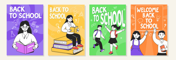 Group of colorful posters showing students with books and backpacks, cartoon style, on bright abstract backgrounds. Concept of school return. Vector illustration