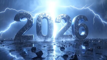 The Arrival of 2026, powerfully illuminated by dramatic blue lightning, reflecting a new era of innovation and exciting possibilities on the horizon
