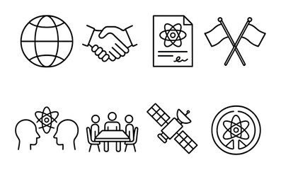 Global science collaboration icons: satellite, atom, and teamwork illustrations