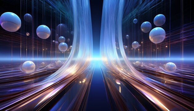 futuristic 3d abstract background with transparent spheres and flowing light streams m ideal for technology innovation digital art and science related creative projects
