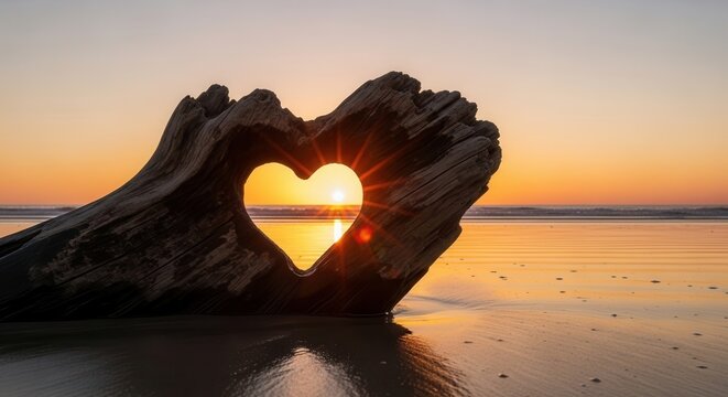 Heart-shaped driftwood framing a sunset over the beach
