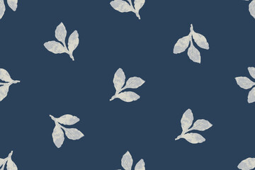 Navy Blue Ikat Leaf Seamless Pattern. damask ikat motif floral background. vector illustration, ikat ethnic oriental embroidery, aztec style, baroque. perfect for fabric, wallpaper, fashion prints © supachai