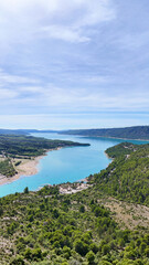 Mountain lake Lac de Sainte-Croix and forest landscape, Alpes-de-Haute-Provence, France, Europe.