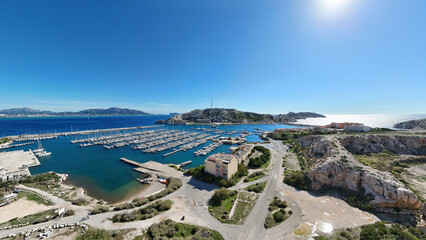 Iles du Frioul Islands with marina and Marseille in the background, Provence-Alpes-Côte d’Azur, France, Europe.