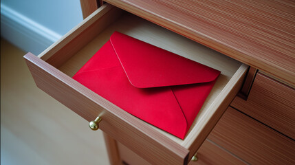Red Envelope in Open Wooden Drawer