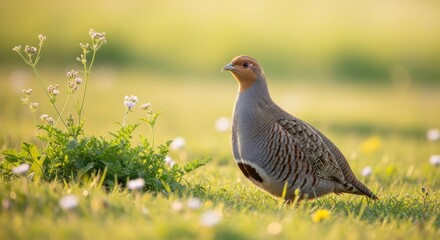 Bird standing in a grassy field with wildflowers during golden hour in nature