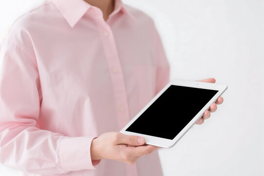 Person holding a tablet device with blank screen