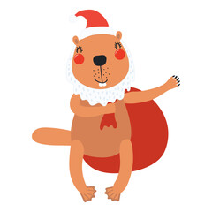 Beaver in a Santa Claus hat, carrying sack isolated on transparent. Hand drawn flat vector illustration. Cute cartoon character. Traditional Christmas, New Year design element, clip art