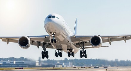 Naklejka premium Large passenger airplane taking off from an airport runway. Front view of a commercial jet with landing gear down. Air travel and transportation concept