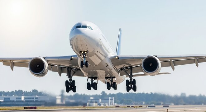 Large passenger airplane taking off from an airport runway. Front view of a commercial jet with landing gear down. Air travel and transportation concept