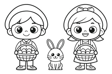 Obraz premium Two cute cartoon children with easter bunny and egg basket