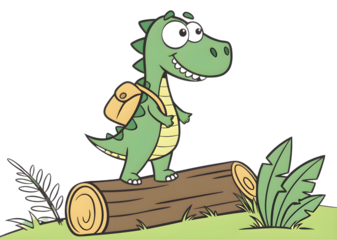 Cute cartoon green baby dinosaur with backpack standing on a log isolated on transparent background