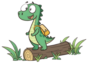 Cute cartoon green dinosaur with backpack on a log isolated on transparent background