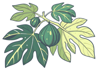 Green fig fruit hanging from a branch with large leaves isolated on transparent background