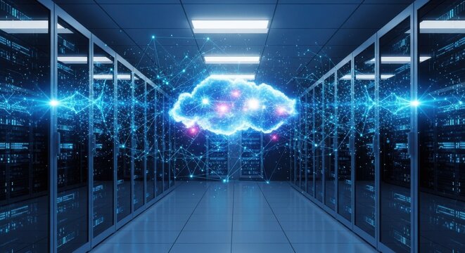 Digital cloud technology concept in a modern server room with bright lights and data connections