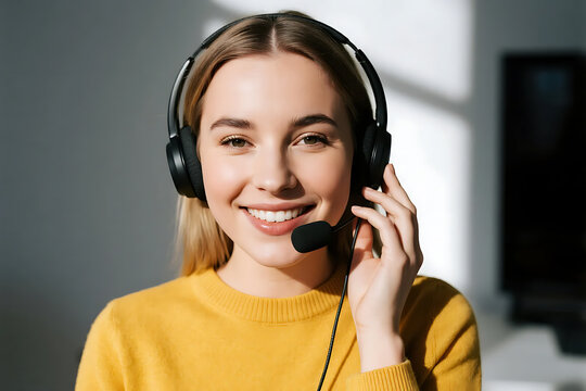 Smiling female customer service representative wearing headset