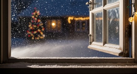 Noite de Inverno: Um Momento Aconchegante &agrave; Beira da Janela com Neve e Luzes de Natal