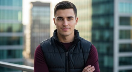 Young man poses confidently on a rooftop with city skyline in the background during daylight