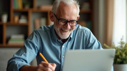 Portrait of an elderly man focused on remote work at his home office desk, using a laptop and taking notes. Lifestyle and technology concept for mature professionals. - Powered by Adobe