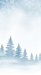 Obraz premium Snowy winter landscape with tall pine trees and gentle snowfall creating a serene atmosphere at dusk