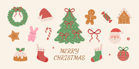 Set of Christmas hand-drawn decorations.Christmas tree, toys, bows, stars, candies, gingerbread, socks, pudding, wreath,Santa,Santa's hat. Perfect for scrapbooking, greeting cards, party invitations.