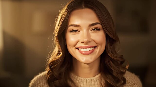 A beautiful young woman with long brown hair smiles genuinely and looks directly at the camera.