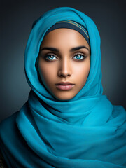 Naklejka premium Serene Portrait of a Person: A portrait of a woman of radiant beauty gazes directly at the viewer, wearing a delicate hijab in a serene and reflective moment. 