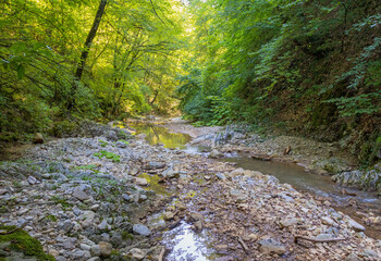 a mountain river with an unusual stone bed and waterfalls in the summer