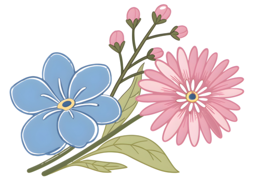 Delicate blue forget me not and pink daisy flowers isolated on transparent background