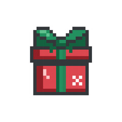 Gift pixel art. Pixel Art Christmas gift box icon with snowflakes. Vector illustration. Holiday game asset
