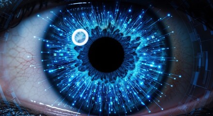 Futuristic human eye with a glowing blue digital iris. Biometric scanning for security and identification. Artificial intelligence and data processing concept