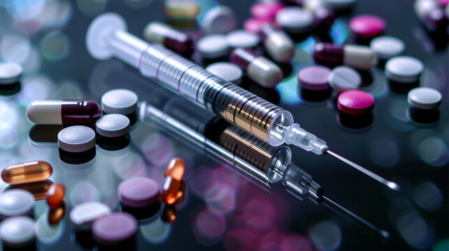 Macro shot of syringe surrounded by various pills and capsules on reflective surface. The composition emphasizes themes of medicine, healthcare, treatment, addiction, and pharmaceuticals. Blur