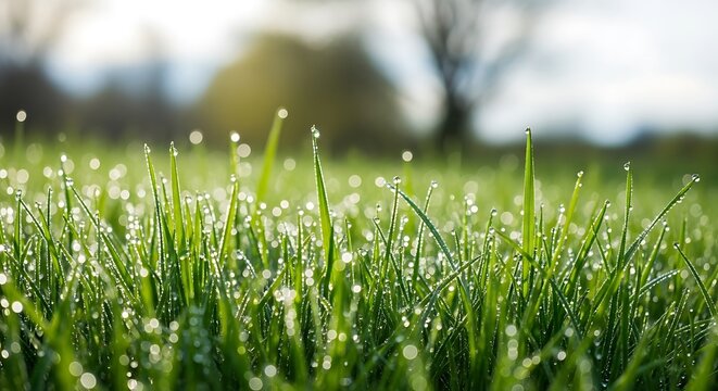 Sparkling dew drops glistening on vibrant green grass blades in soft morning sunlight, creating a serene and fresh natural backdrop
