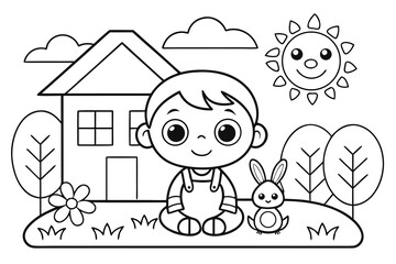 Fototapeta premium black and white illustration for children. It depicts a cartoon child sitting in a grassy yard with a smiling sun and fluffy clouds in the sky.