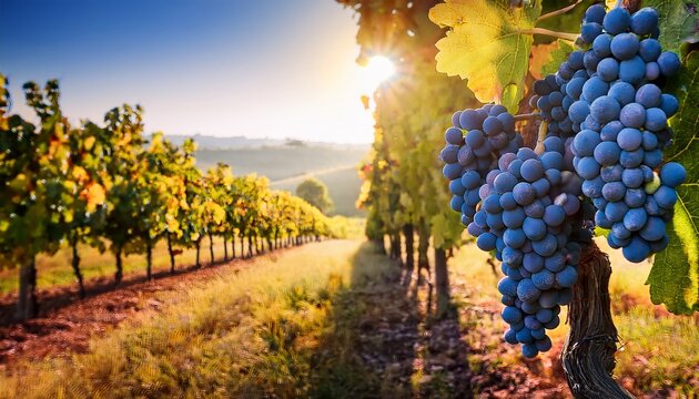 vineyard with ripe blue grapes on the vine in morning sunlight - Powered by Adobe