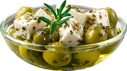 Green olives and feta cheese in a glass bowl isolated on transparent background