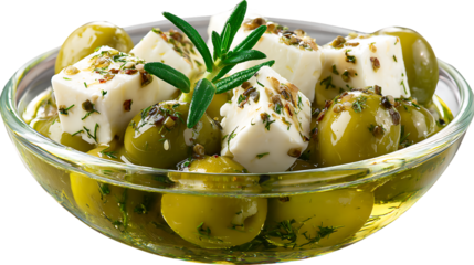 Green olives and feta cheese in a glass bowl isolated on transparent background