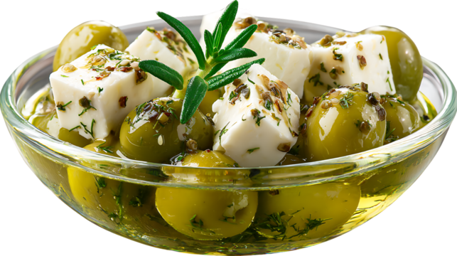 Green olives and feta cheese in a glass bowl isolated on transparent background - Powered by Adobe